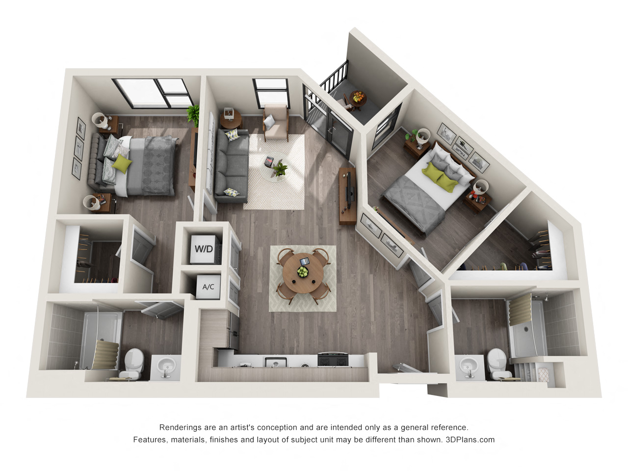 Floor plan for 2 beds, 2 baths, 967 sqft